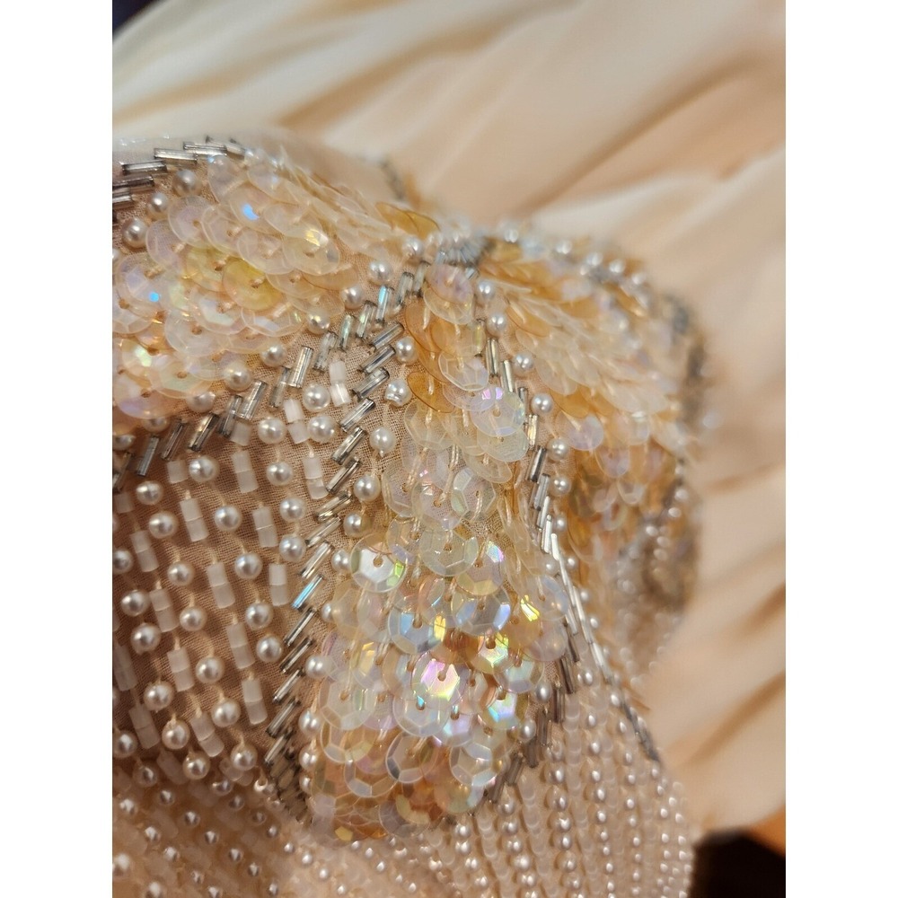 Vintage Hand Beaded Sequin Formal L Evening Gown Embellished Acetate Lined Dress - Picture 4 of 13
